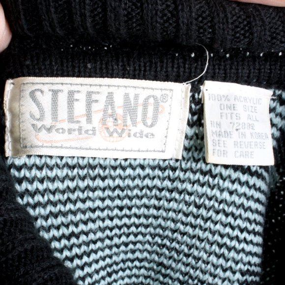 OS Vintage 90s Stefano Teal Black Oversize Houndstooth Sweater New Wave 80s - Picture 8 of 9
